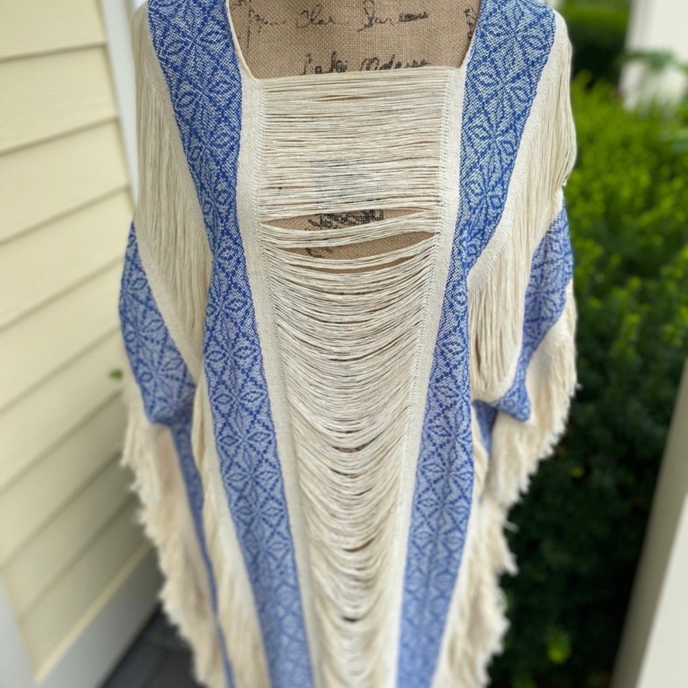 Boho Fringed Hand Loomed Dress/Coverup with Blue Trim